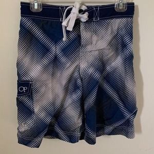 OP Mens Size Small 28-30 Swim Trunks Board Shorts Ocean Pacific Blue Gray Design